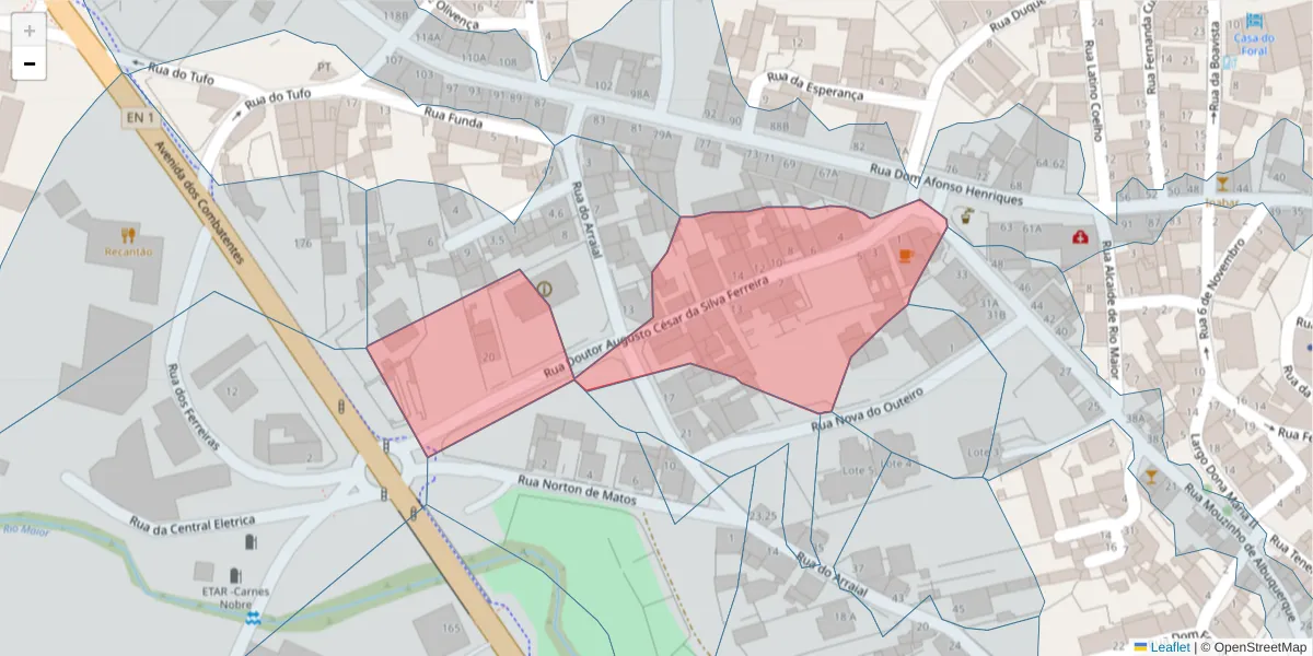 Mapa detalhado do código postal 2040-215 com limites, códigos postais vizinhos e agências dos correios