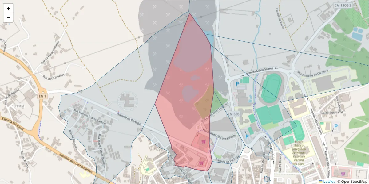 Mapa detalhado do código postal 2040-222 com limites, códigos postais vizinhos e agências dos correios