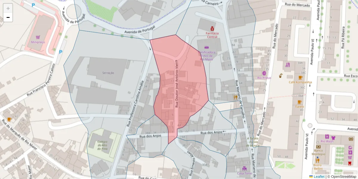 Mapa detalhado do código postal 2040-245 com limites, códigos postais vizinhos e agências dos correios