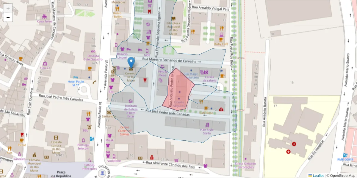 Mapa detalhado do código postal 2040-360 com limites, códigos postais vizinhos e agências dos correios