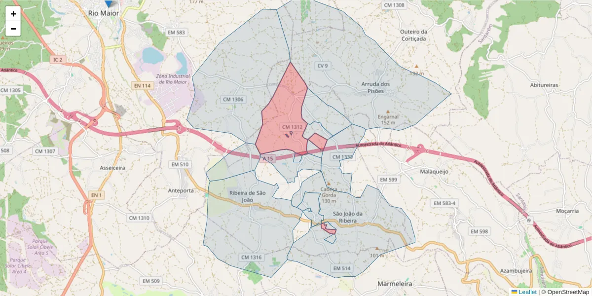 Mapa detalhado do código postal 2040-462 com limites, códigos postais vizinhos e agências dos correios