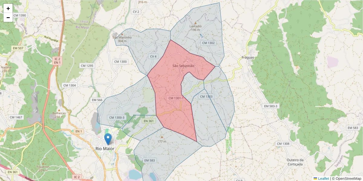 Mapa detalhado do código postal 2040-494 com limites, códigos postais vizinhos e agências dos correios