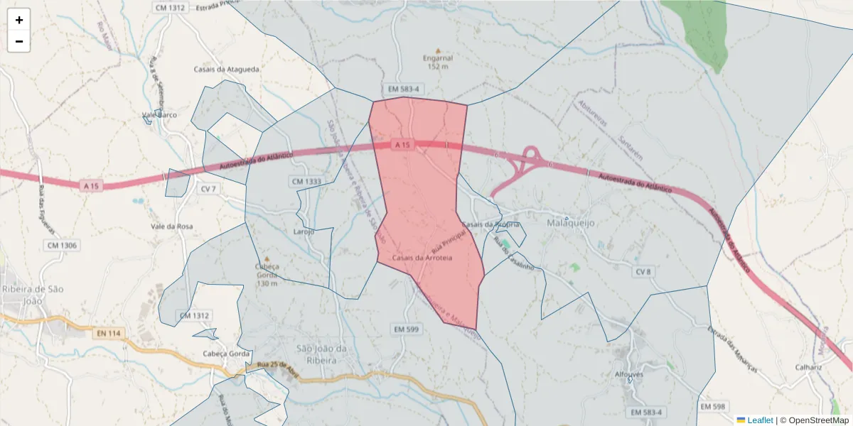 Mapa detalhado do código postal 2040-533 com limites, códigos postais vizinhos e agências dos correios