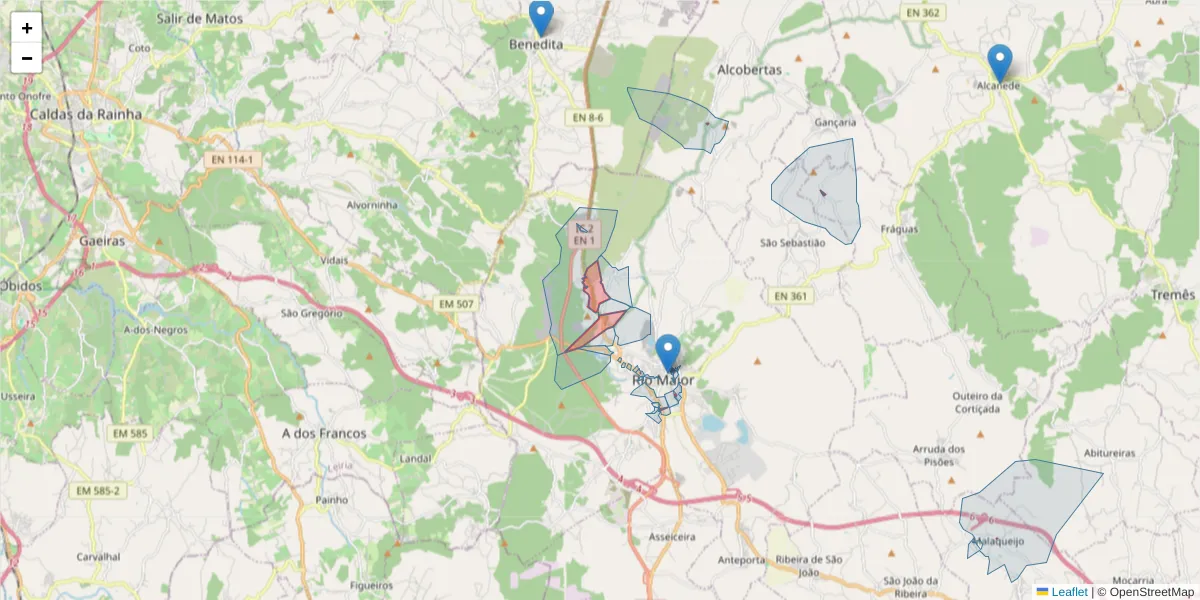 Mapa detalhado do código postal 2040 com limites, códigos postais vizinhos e agências dos correios