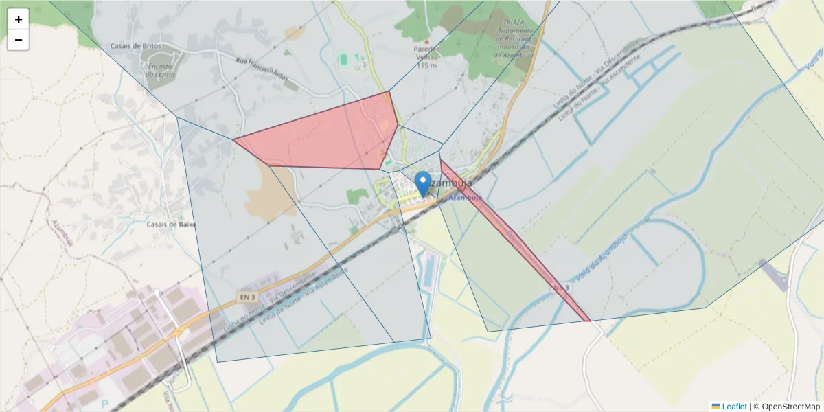 Mapa detalhado do código postal 2050-001 com limites, códigos postais vizinhos e agências dos correios
