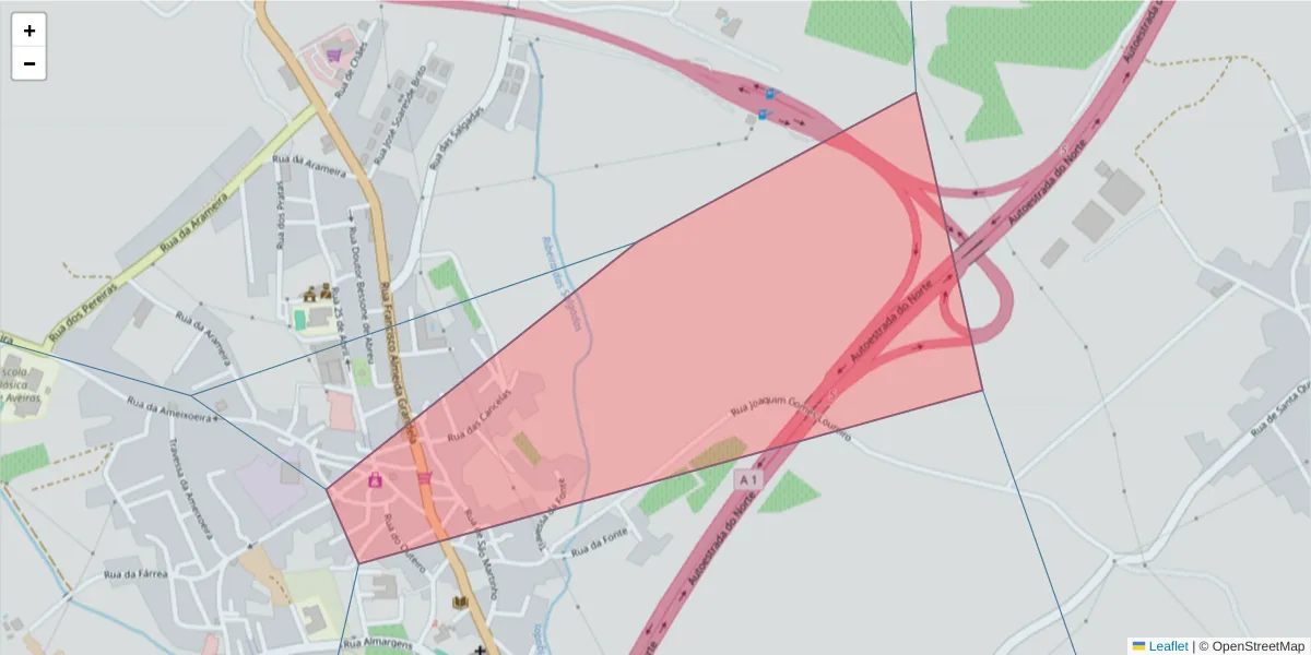 Mapa detalhado do código postal 2050-166 com limites, códigos postais vizinhos e agências dos correios