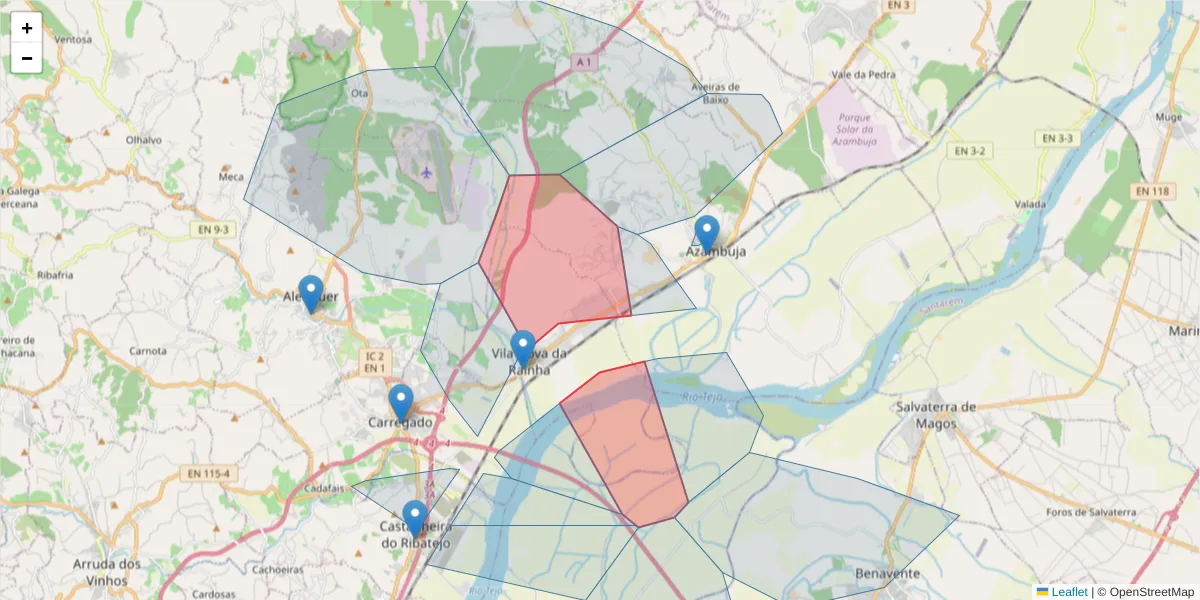 Mapa detalhado do código postal 2050-306 com limites, códigos postais vizinhos e agências dos correios