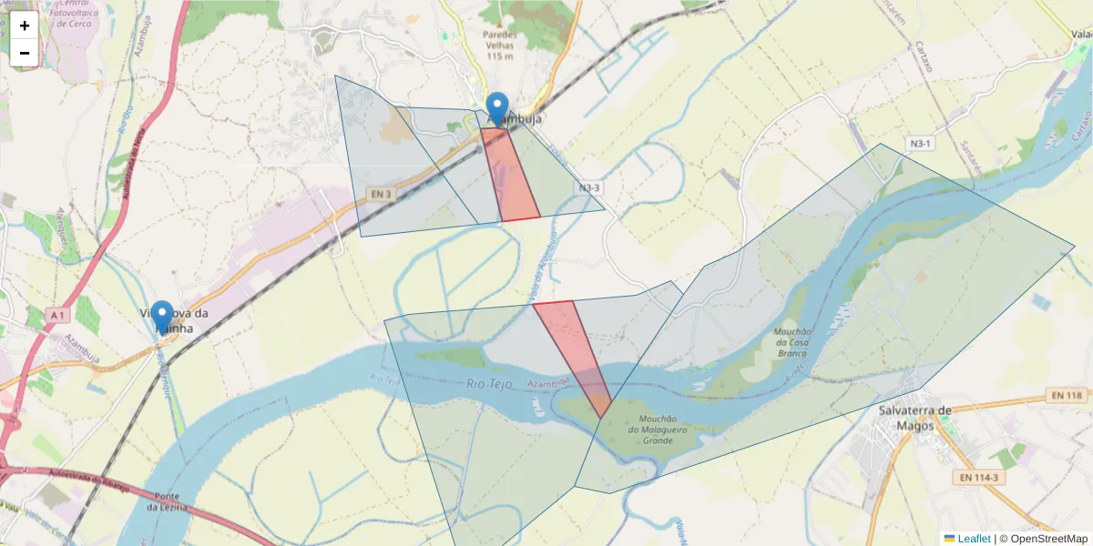Mapa detalhado do código postal 2050-397 com limites, códigos postais vizinhos e agências dos correios