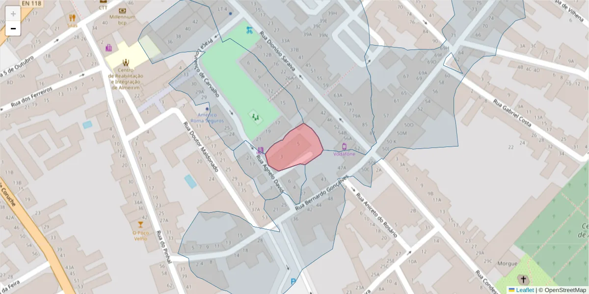 Mapa detalhado do código postal 2080-003 com limites, códigos postais vizinhos e agências dos correios