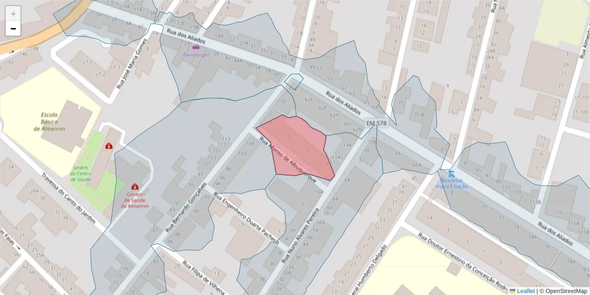 Mapa detalhado do código postal 2080-007 com limites, códigos postais vizinhos e agências dos correios
