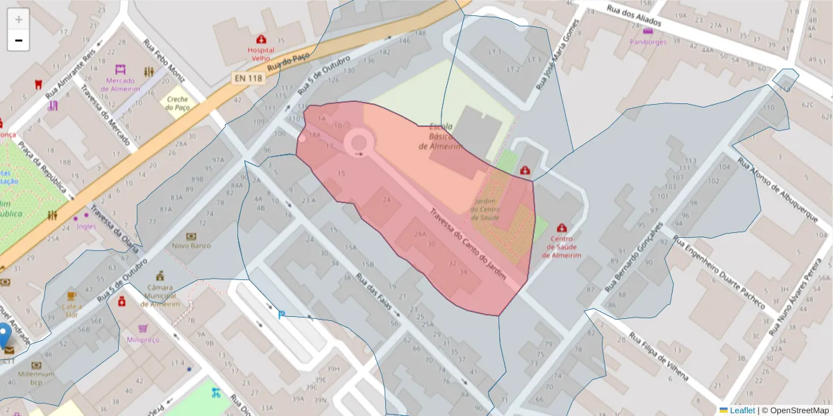 Mapa detalhado do código postal 2080-011 com limites, códigos postais vizinhos e agências dos correios