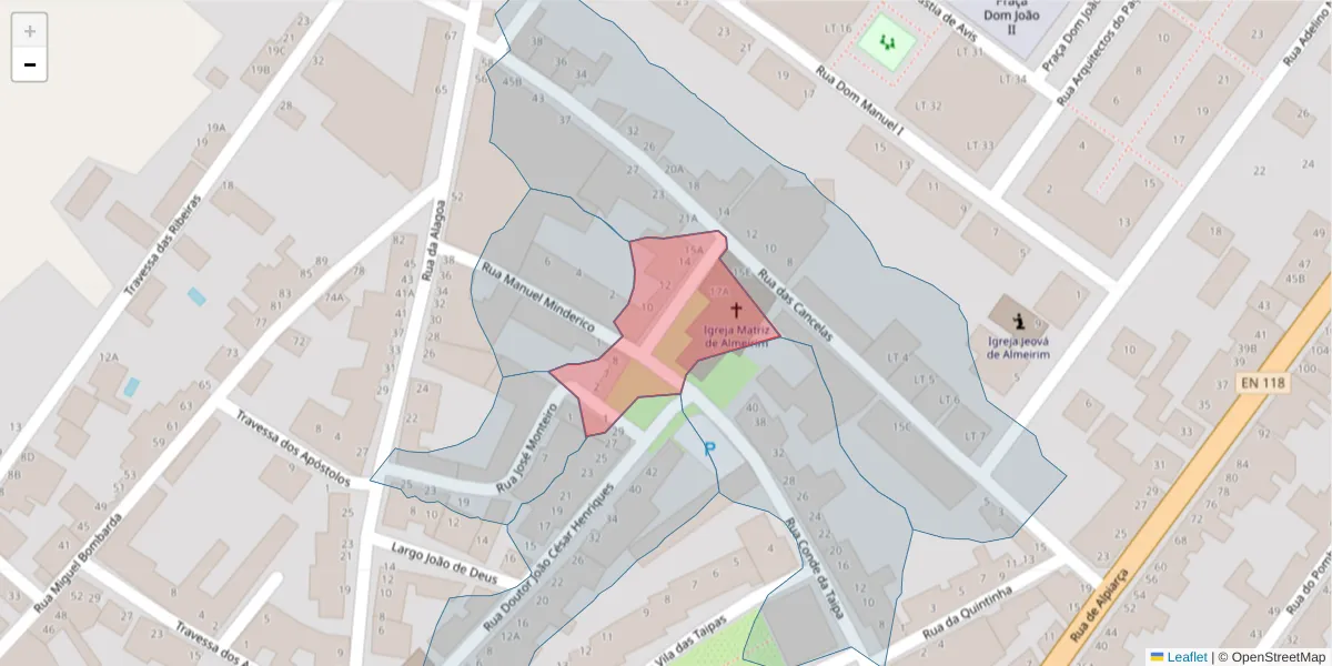 Mapa detalhado do código postal 2080-036 com limites, códigos postais vizinhos e agências dos correios