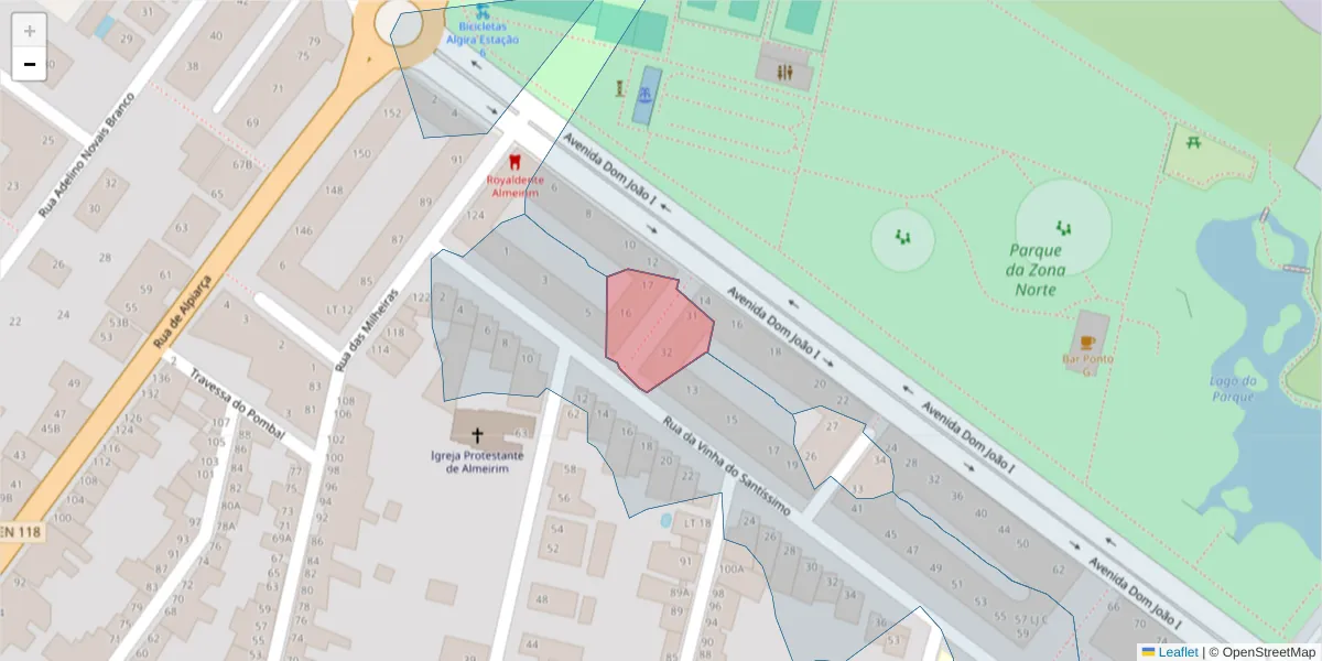 Mapa detalhado do código postal 2080-045 com limites, códigos postais vizinhos e agências dos correios