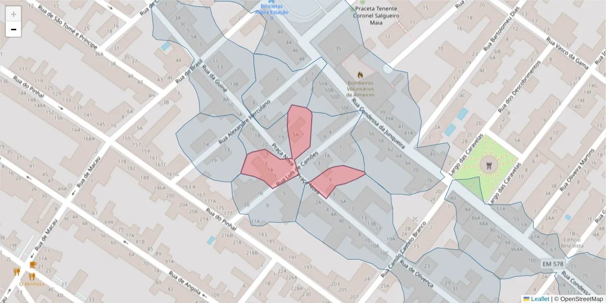 Mapa detalhado do código postal 2080-046 com limites, códigos postais vizinhos e agências dos correios