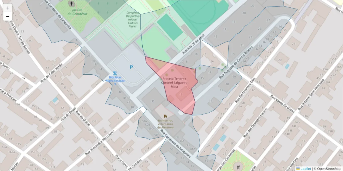 Mapa detalhado do código postal 2080-049 com limites, códigos postais vizinhos e agências dos correios
