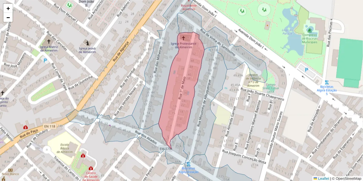 Mapa detalhado do código postal 2080-051 com limites, códigos postais vizinhos e agências dos correios