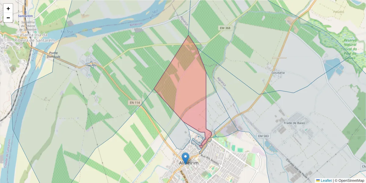 Mapa detalhado do código postal 2080-053 com limites, códigos postais vizinhos e agências dos correios