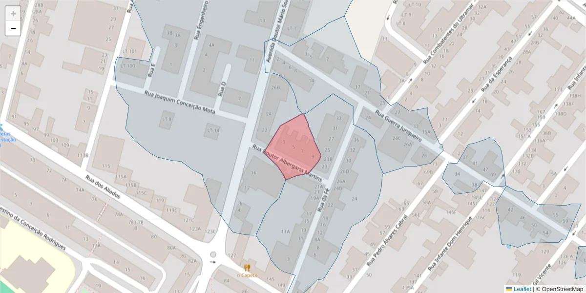 Mapa detalhado do código postal 2080-054 com limites, códigos postais vizinhos e agências dos correios