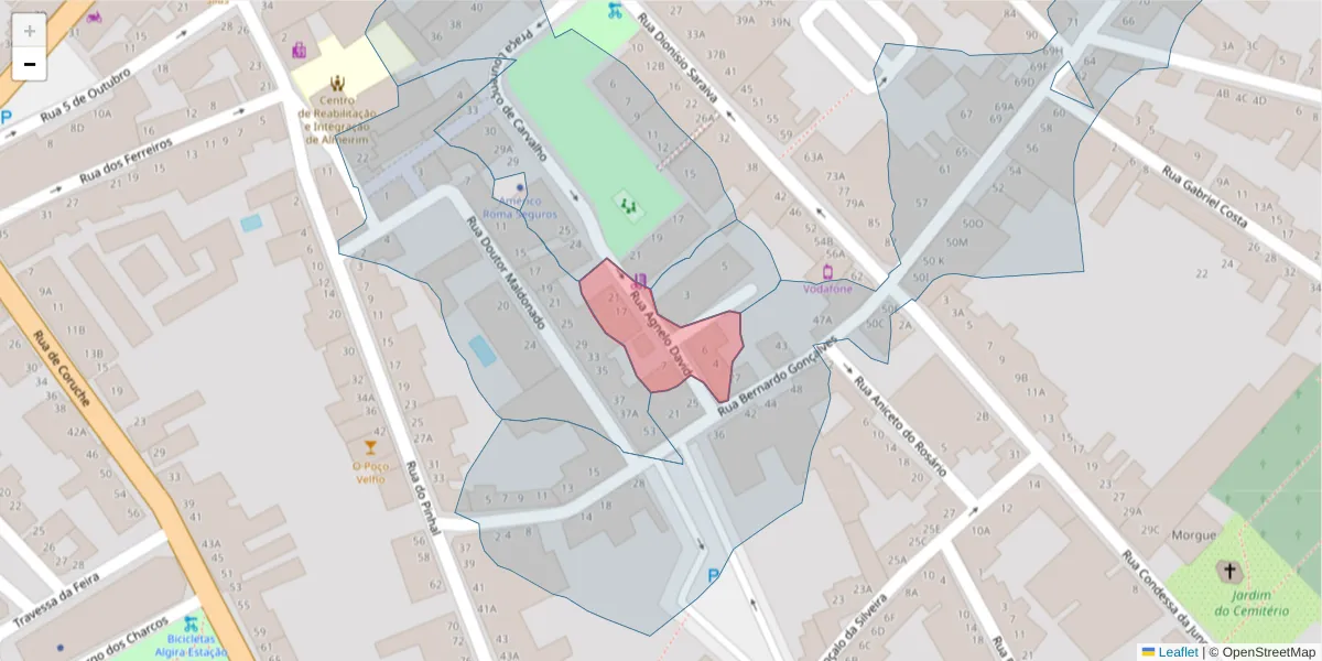 Mapa detalhado do código postal 2080-055 com limites, códigos postais vizinhos e agências dos correios