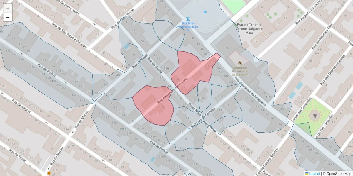 Mapa detalhado do código postal 2080-056 com limites, códigos postais vizinhos e agências dos correios
