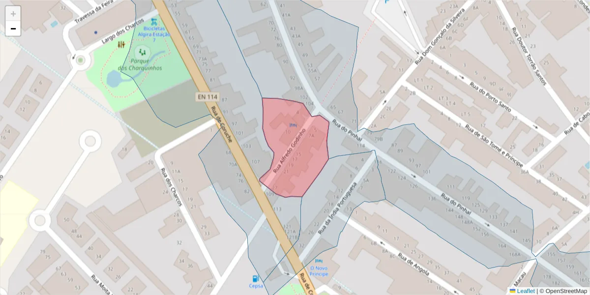 Mapa detalhado do código postal 2080-057 com limites, códigos postais vizinhos e agências dos correios