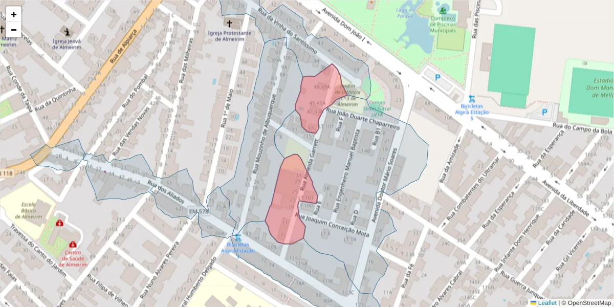 Mapa detalhado do código postal 2080-058 com limites, códigos postais vizinhos e agências dos correios