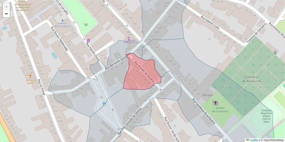 Mapa detalhado do código postal 2080-061 com limites, códigos postais vizinhos e agências dos correios