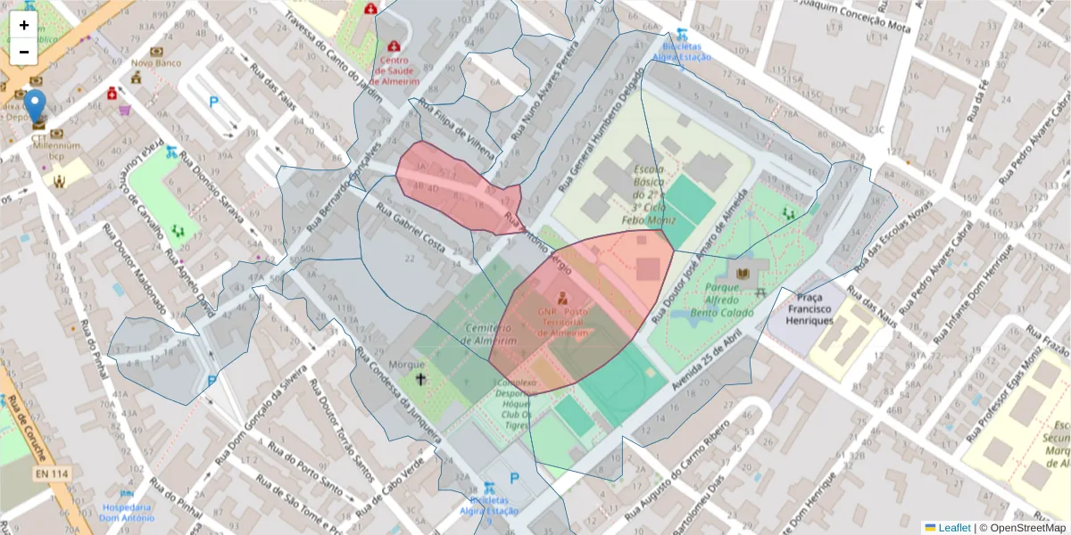 Mapa detalhado do código postal 2080-062 com limites, códigos postais vizinhos e agências dos correios