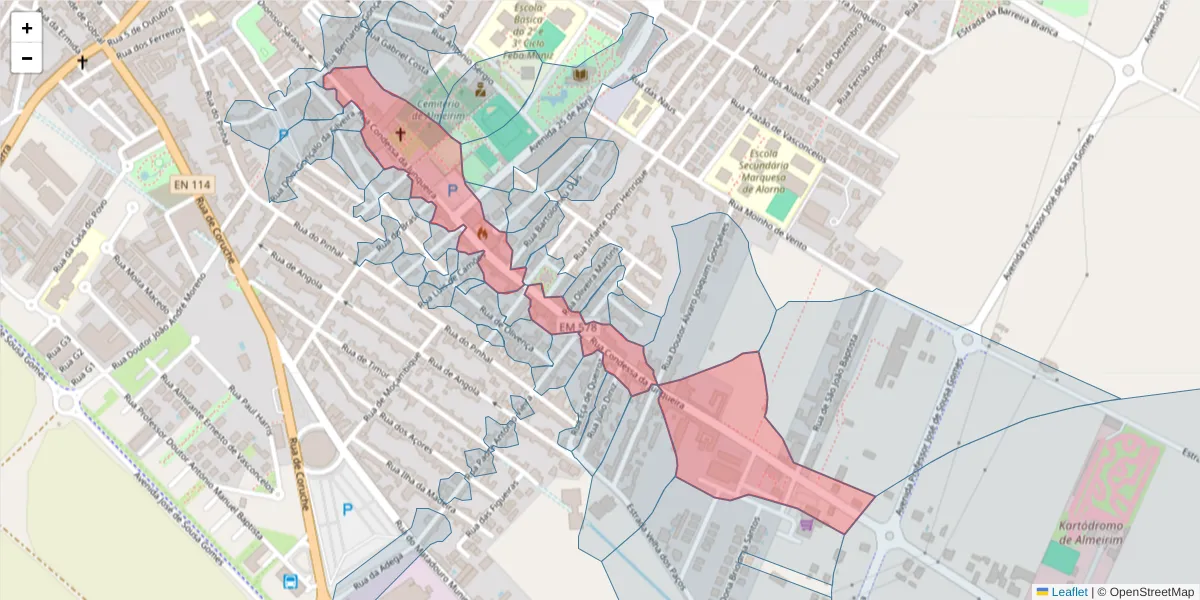 Mapa detalhado do código postal 2080-069 com limites, códigos postais vizinhos e agências dos correios