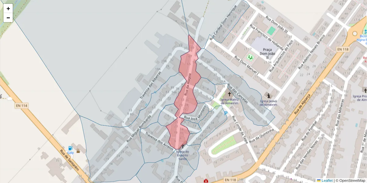 Mapa detalhado do código postal 2080-070 com limites, códigos postais vizinhos e agências dos correios
