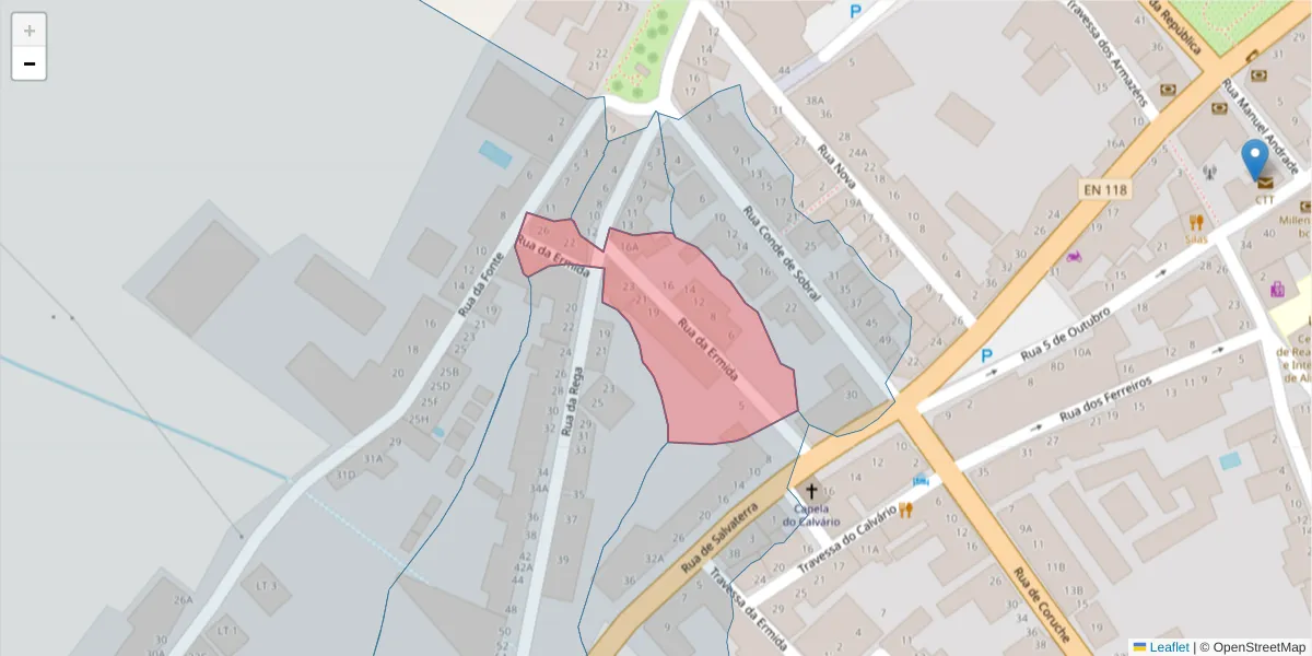 Mapa detalhado do código postal 2080-073 com limites, códigos postais vizinhos e agências dos correios