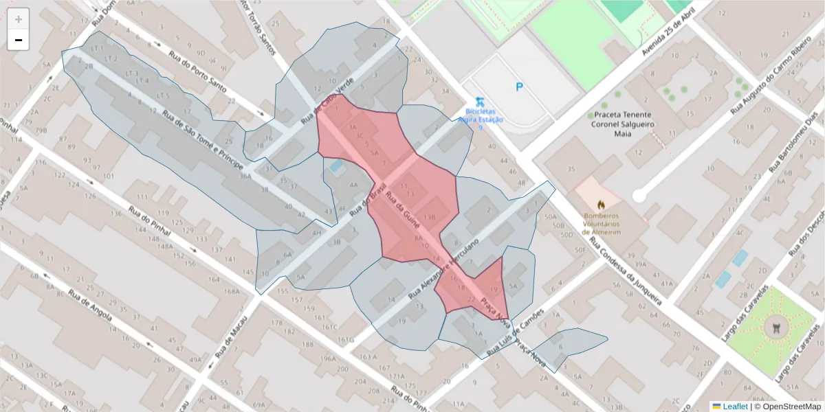 Mapa detalhado do código postal 2080-077 com limites, códigos postais vizinhos e agências dos correios