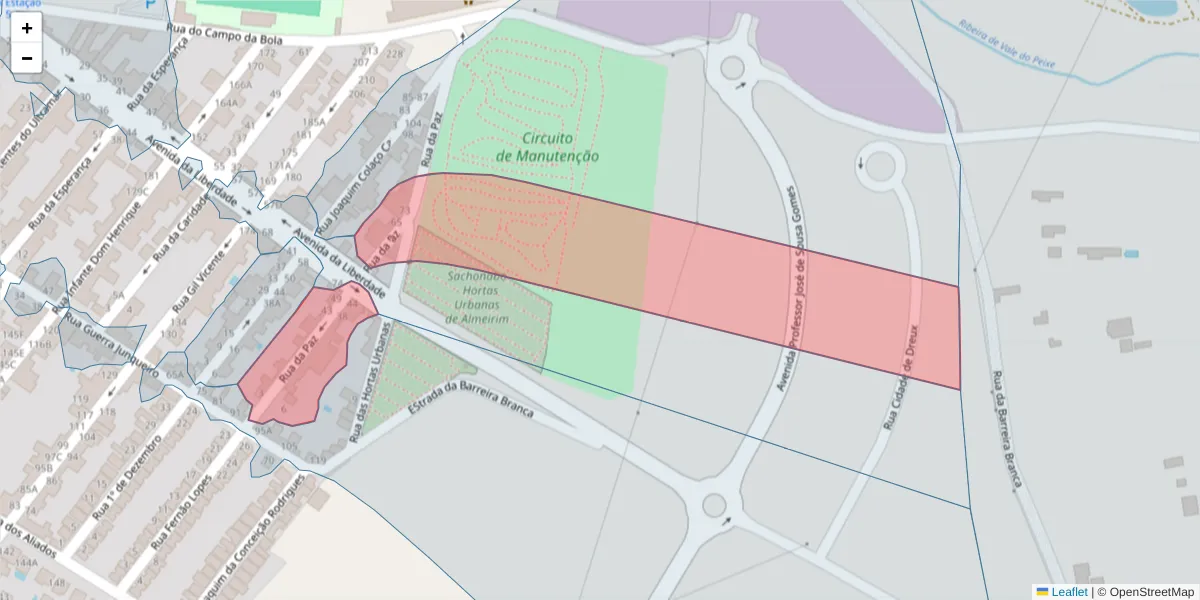 Mapa detalhado do código postal 2080-080 com limites, códigos postais vizinhos e agências dos correios