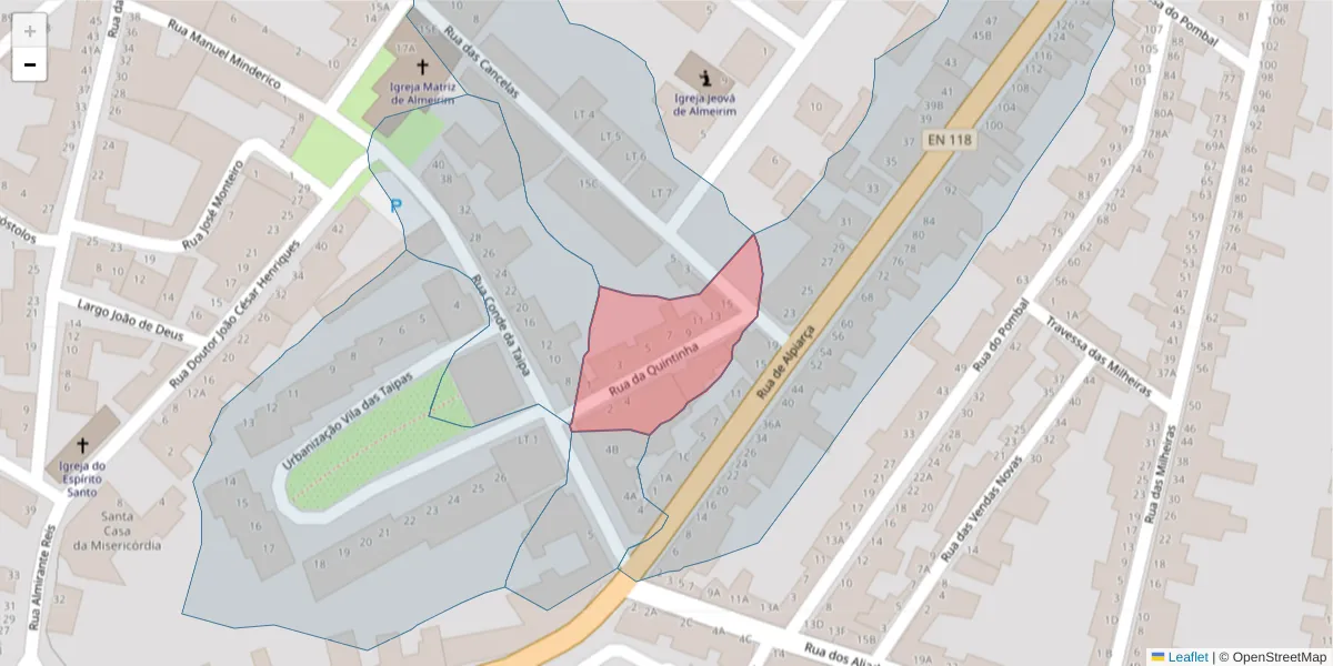 Mapa detalhado do código postal 2080-081 com limites, códigos postais vizinhos e agências dos correios