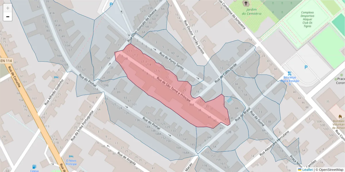 Mapa detalhado do código postal 2080-102 com limites, códigos postais vizinhos e agências dos correios