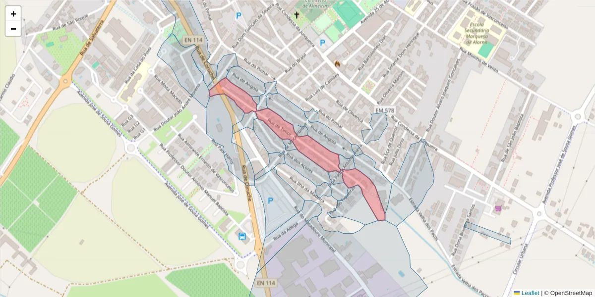 Mapa detalhado do código postal 2080-103 com limites, códigos postais vizinhos e agências dos correios