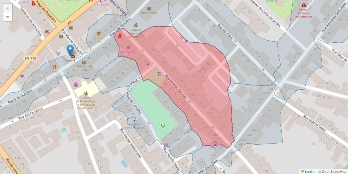 Mapa detalhado do código postal 2080-104 com limites, códigos postais vizinhos e agências dos correios