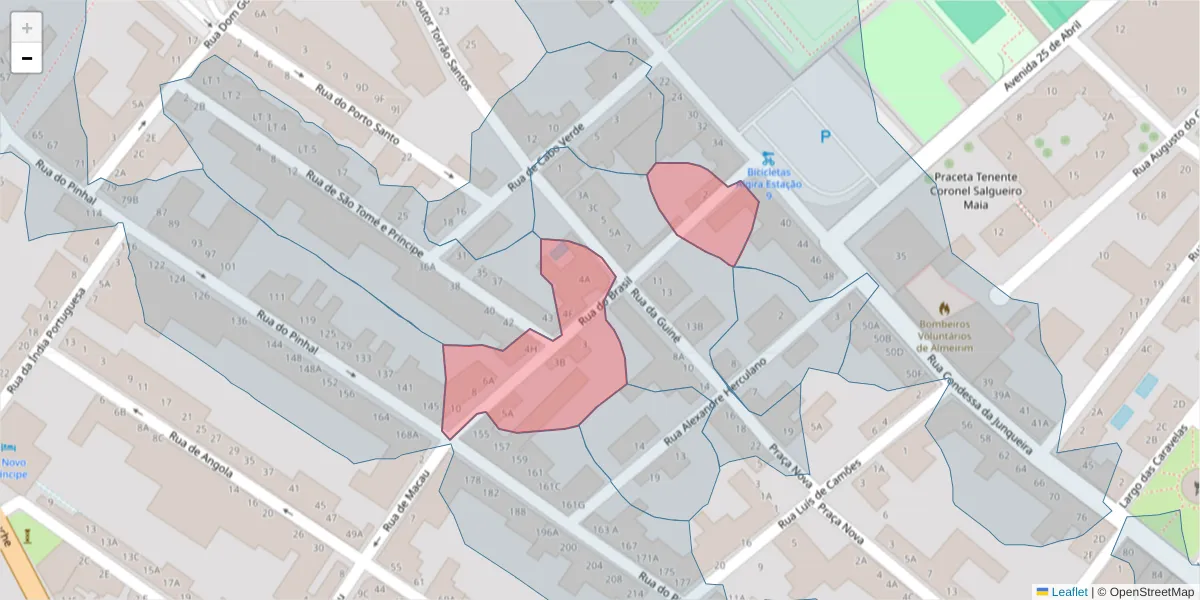 Mapa detalhado do código postal 2080-105 com limites, códigos postais vizinhos e agências dos correios