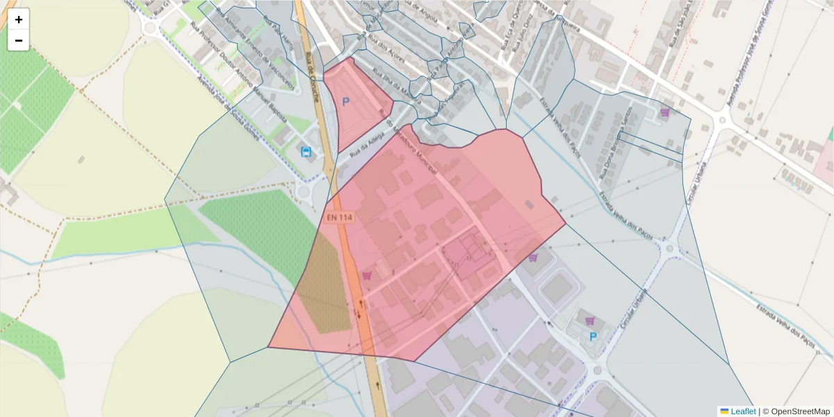 Mapa detalhado do código postal 2080-107 com limites, códigos postais vizinhos e agências dos correios