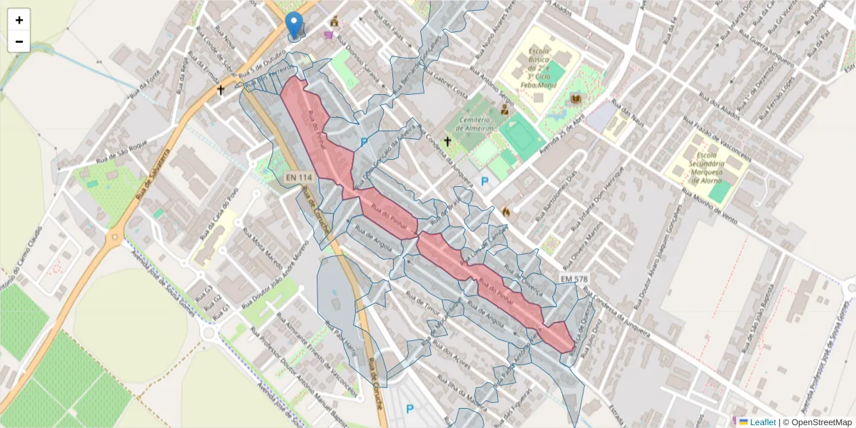 Mapa detalhado do código postal 2080-110 com limites, códigos postais vizinhos e agências dos correios