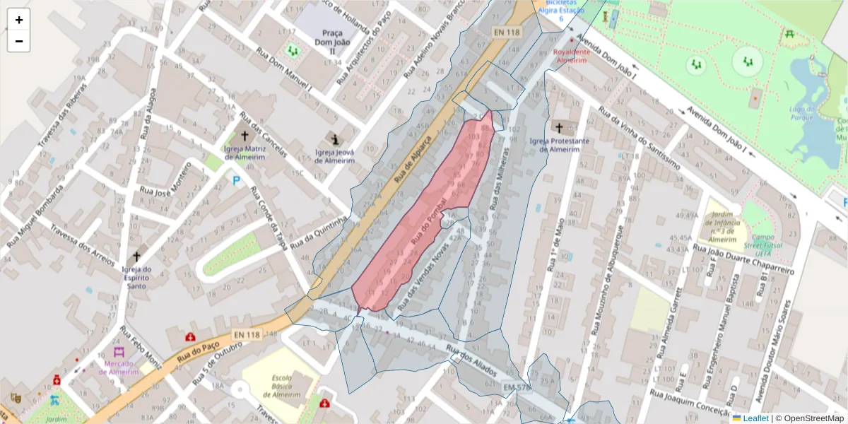 Mapa detalhado do código postal 2080-111 com limites, códigos postais vizinhos e agências dos correios