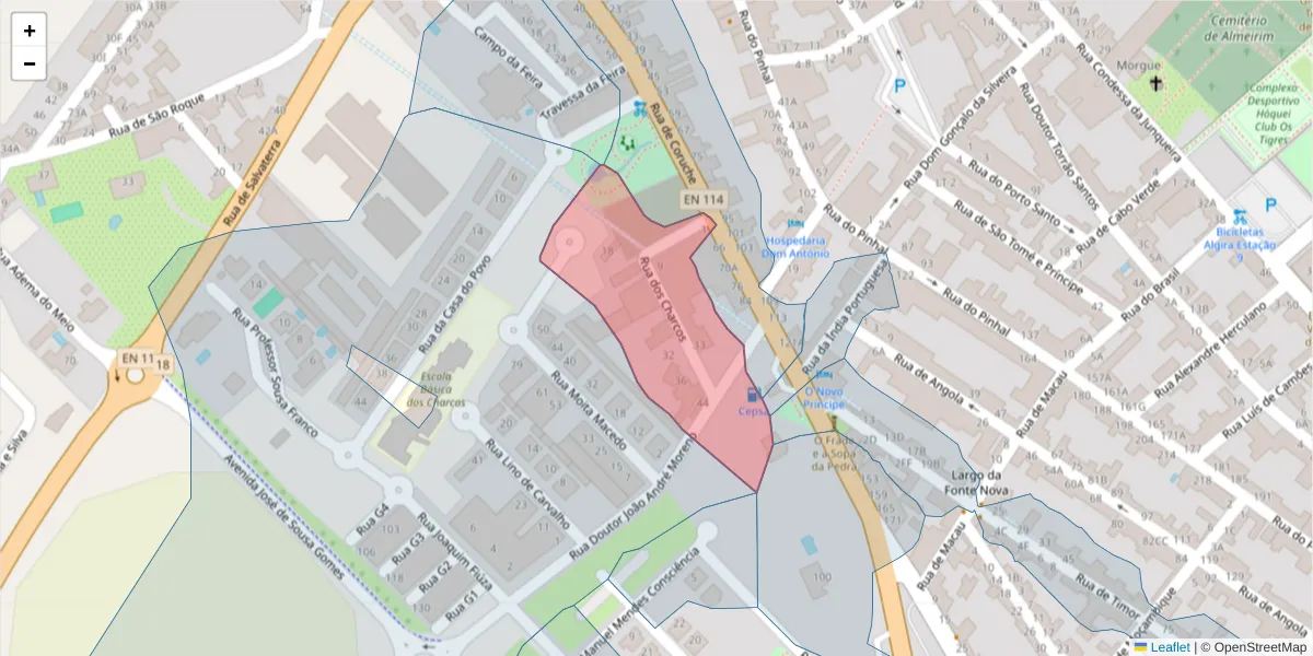 Mapa detalhado do código postal 2080-117 com limites, códigos postais vizinhos e agências dos correios