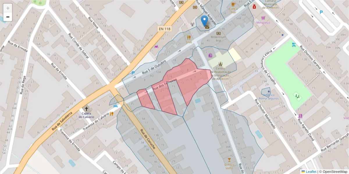 Mapa detalhado do código postal 2080-120 com limites, códigos postais vizinhos e agências dos correios