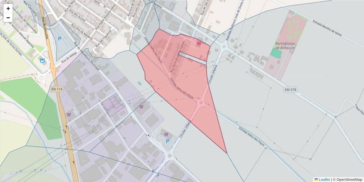 Mapa detalhado do código postal 2080-121 com limites, códigos postais vizinhos e agências dos correios