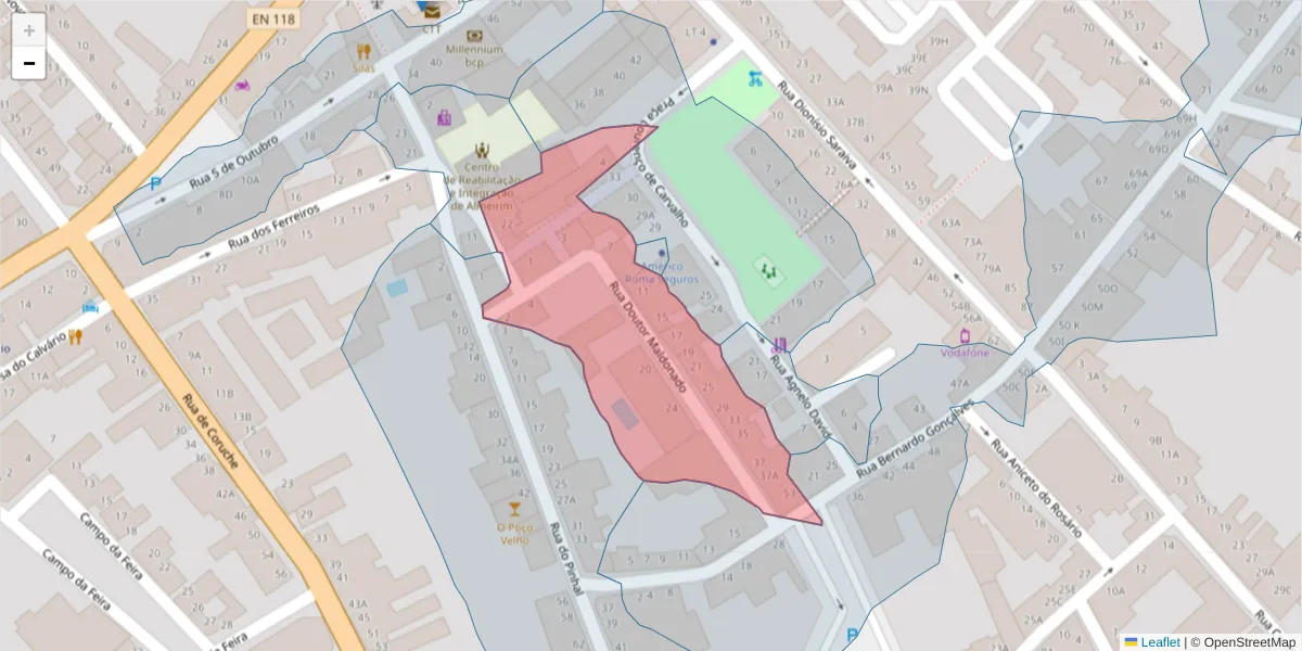 Mapa detalhado do código postal 2080-129 com limites, códigos postais vizinhos e agências dos correios