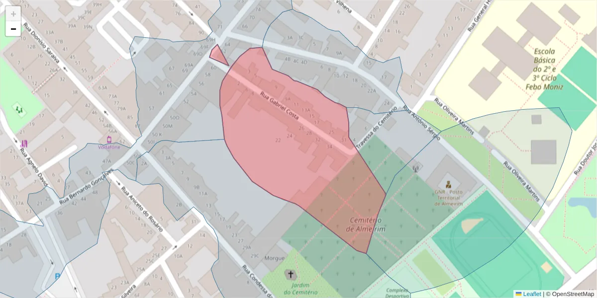 Mapa detalhado do código postal 2080-139 com limites, códigos postais vizinhos e agências dos correios