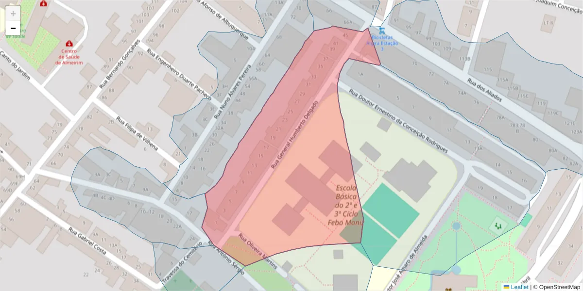 Mapa detalhado do código postal 2080-141 com limites, códigos postais vizinhos e agências dos correios