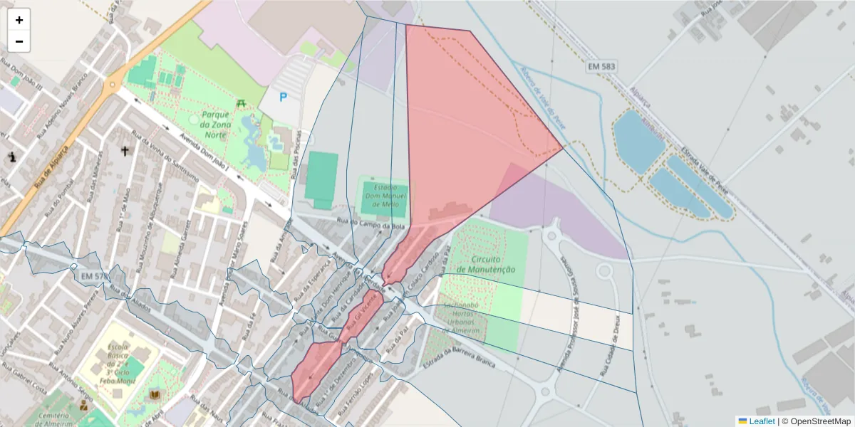 Mapa detalhado do código postal 2080-142 com limites, códigos postais vizinhos e agências dos correios