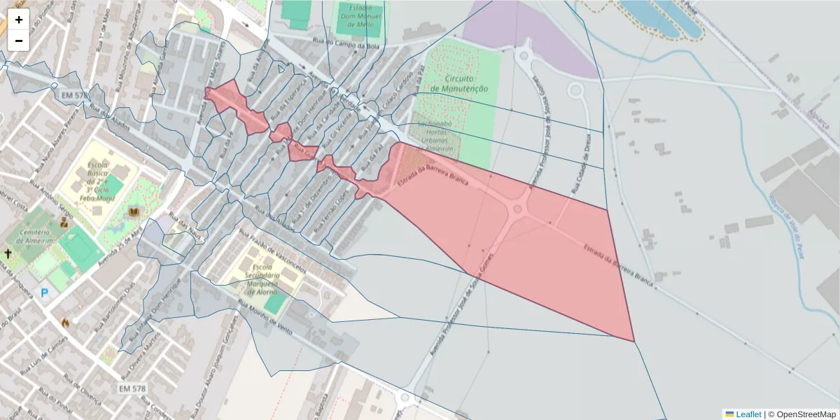 Mapa detalhado do código postal 2080-144 com limites, códigos postais vizinhos e agências dos correios