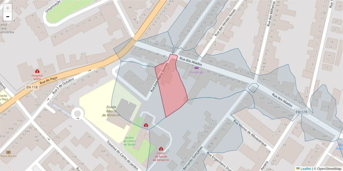 Mapa detalhado do código postal 2080-149 com limites, códigos postais vizinhos e agências dos correios